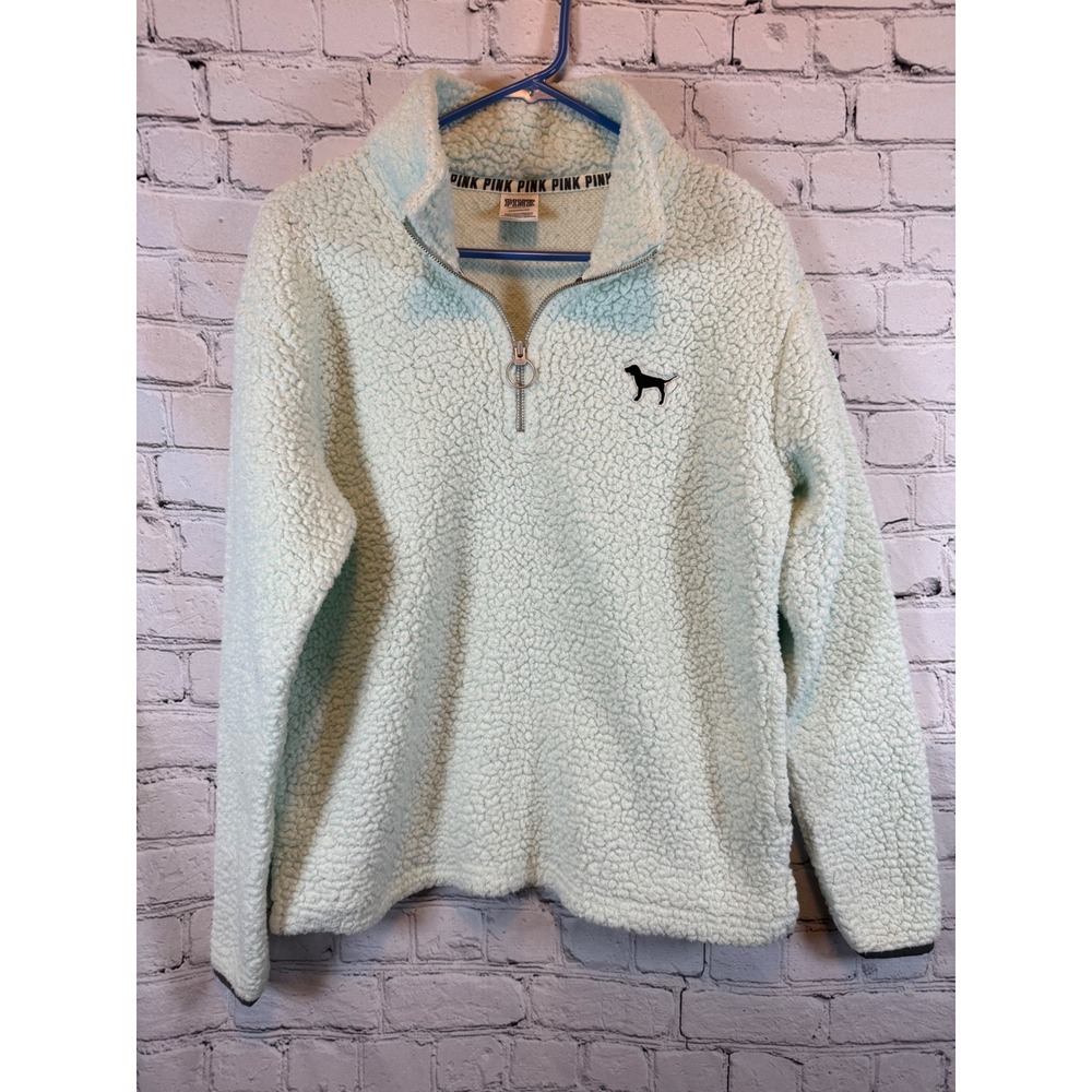 PINK Victoria's Secret Mint Sherpa Quarter Zip Pullover Sweatshirt Dog Logo